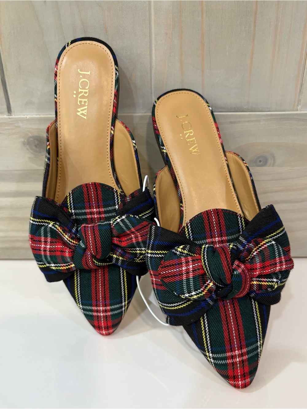 J. Crew Plaid Pointed-Toe Bow Mules in Red, Green & Navy